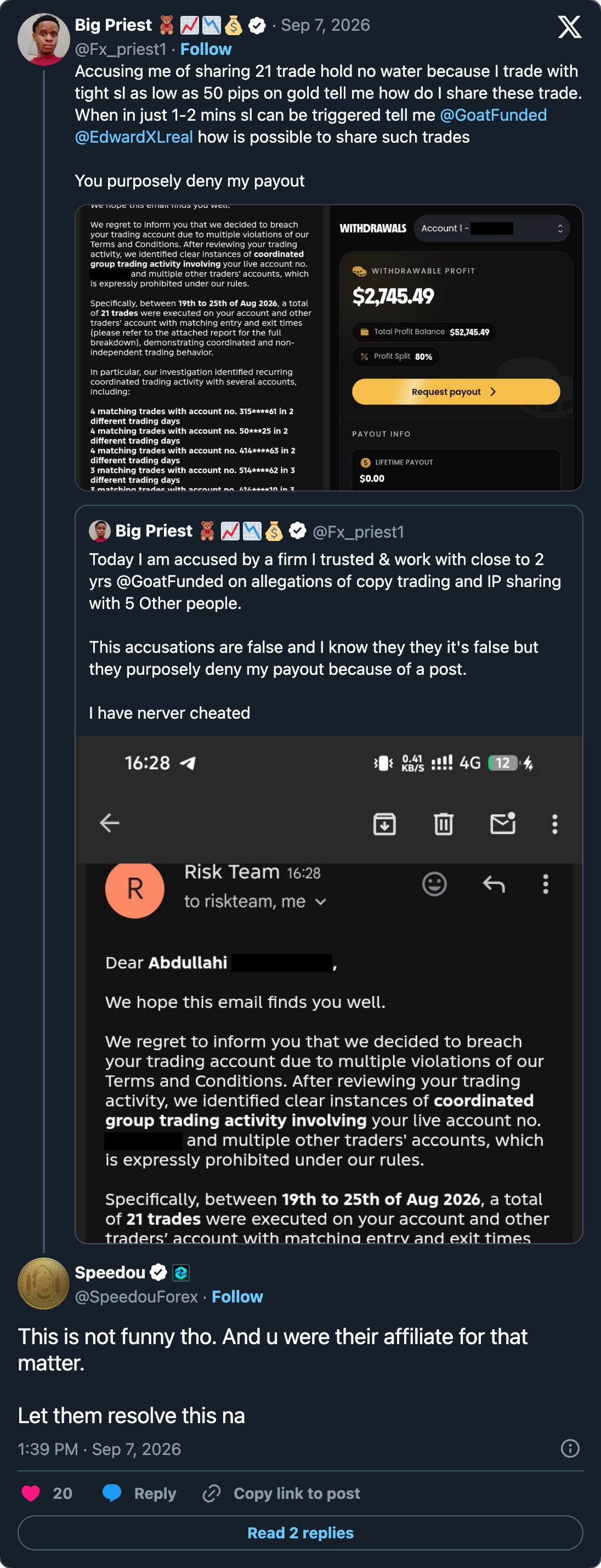 Replies pressing Goat Funded Trader on the affiliate relationship and on the rule itself