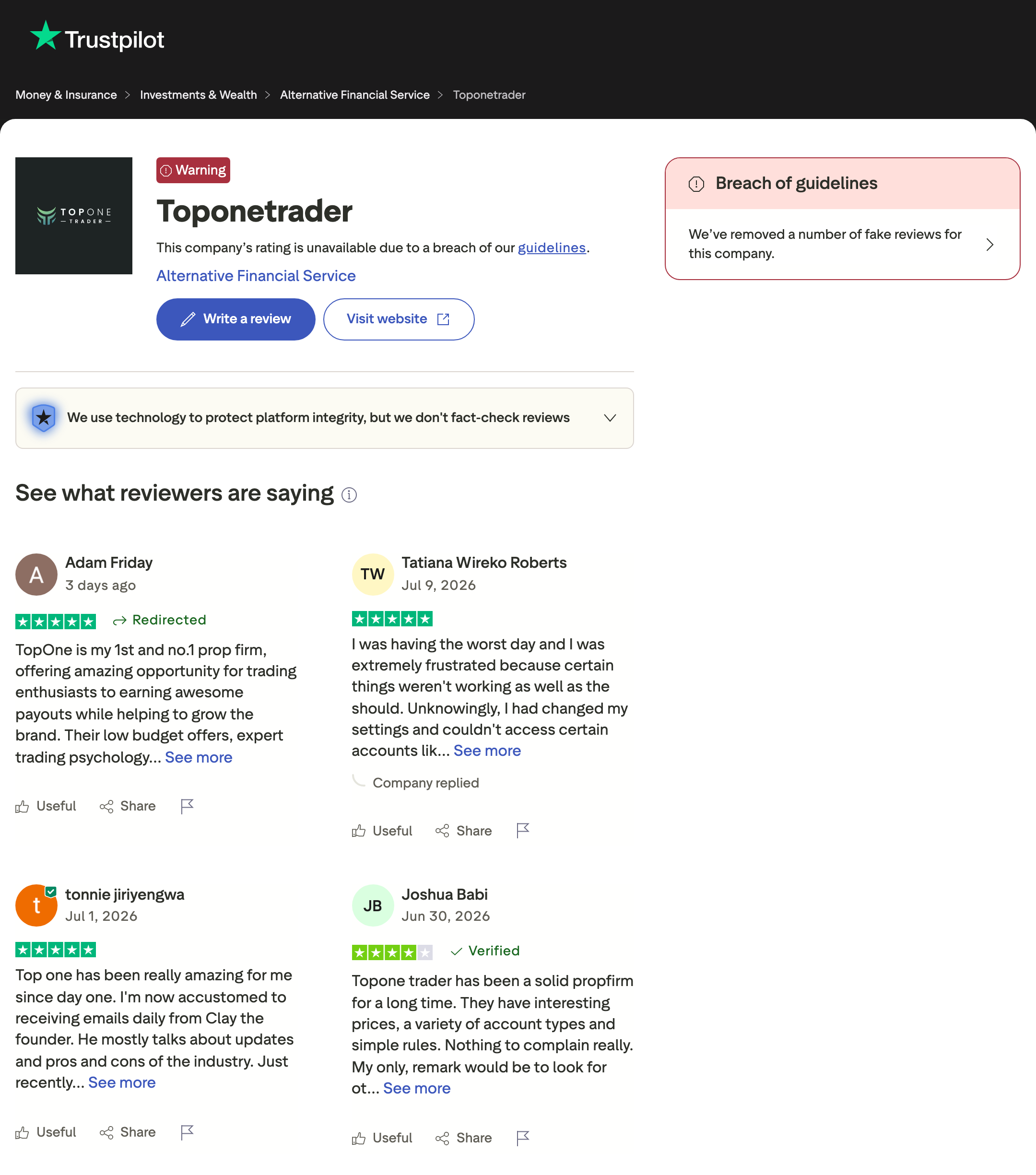 Top One Trader's Trustpilot profile showing the warning banner, the unavailable rating and the fake-reviews notice