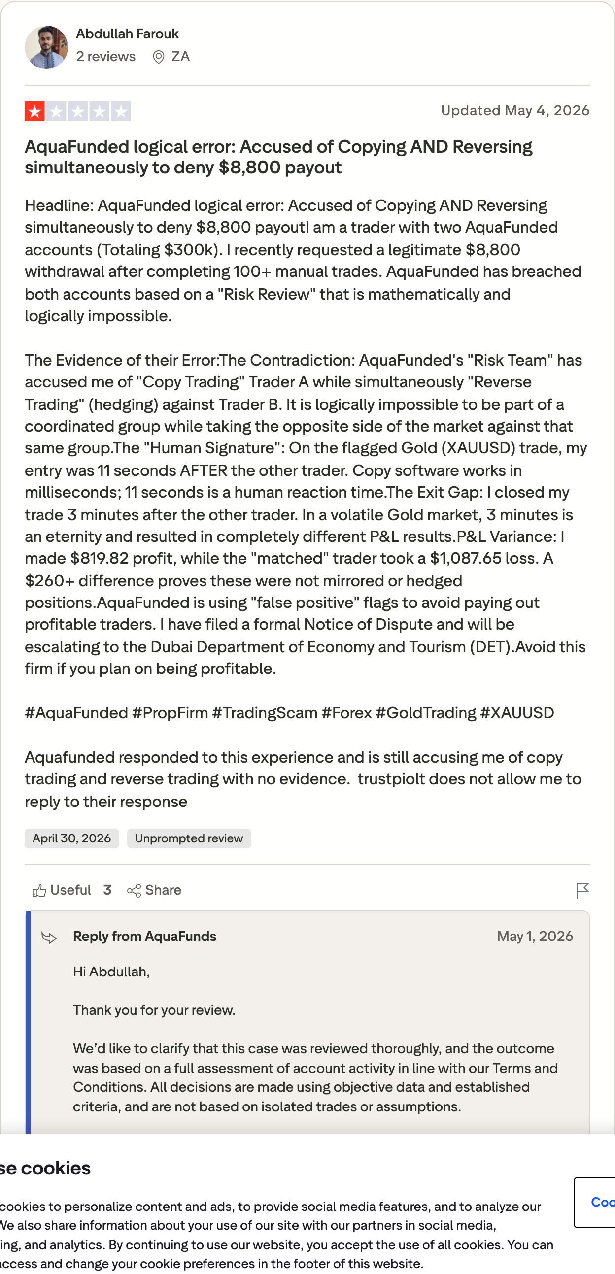 Abdullah Farouk's one-star review, updated 4 May 2026, with the firm's reply of 1 May 2026 attached: decisions rest on a full assessment of account activity, not isolated trades. Trustpilot, captured 8 September 2026