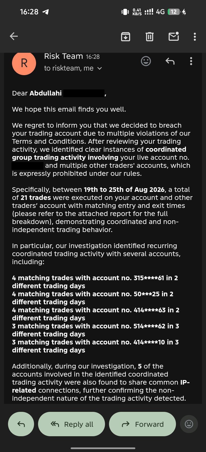 The Goat Funded Trader breach email in full, citing 21 matching trades and shared IP connections