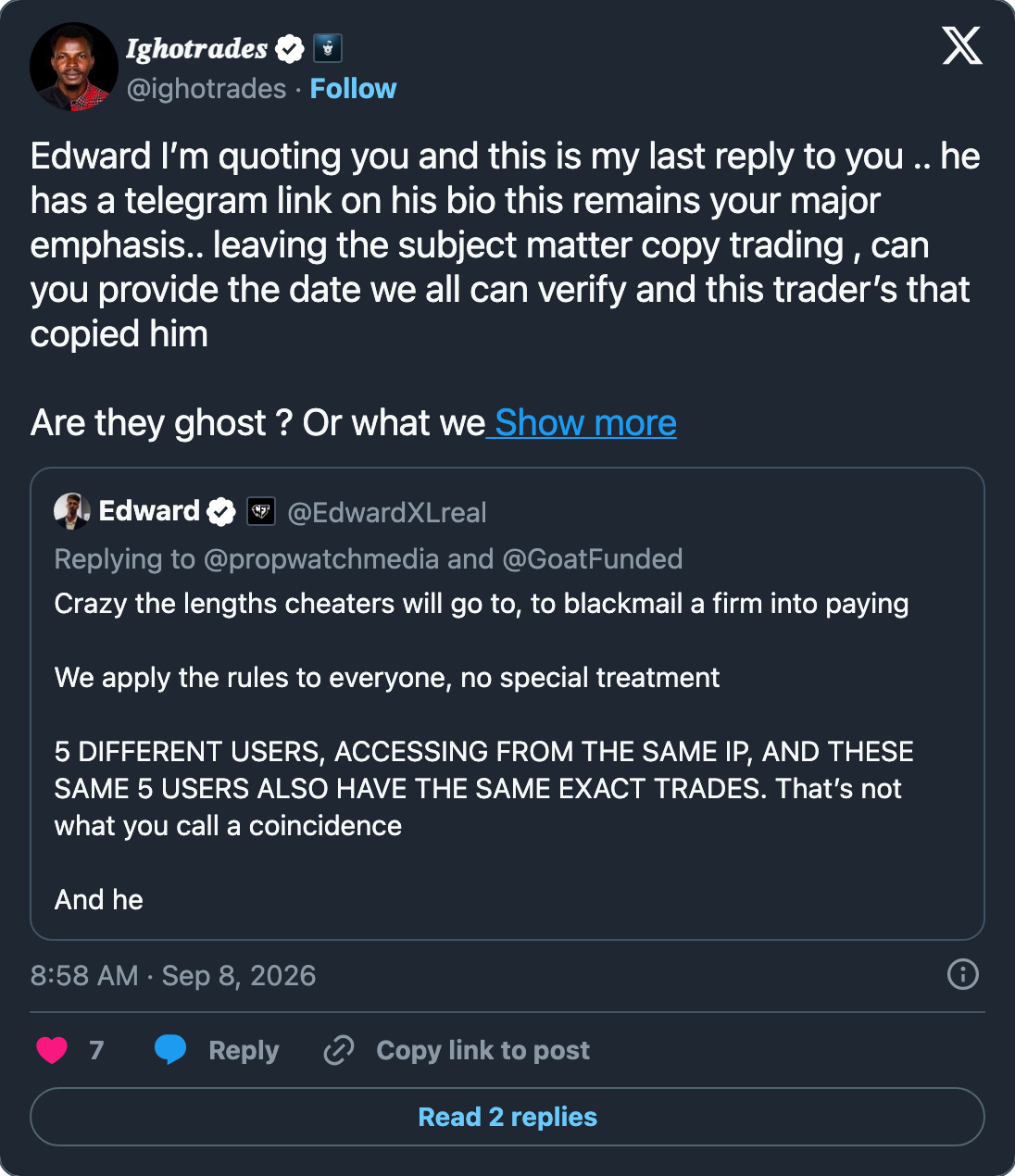 A trader asking Goat Funded Trader to name a verifiable date and the accounts involved