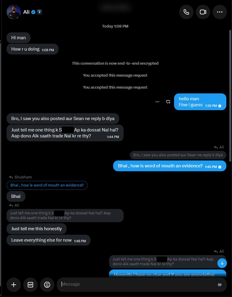 Direct messages between the account shown as Ali and the trader: a question in Hindi and English naming the second trader, partly blacked out by FirmTiers, then Just tell me this honestly, and the start of the trader's answer. Posted by @perpendiculrr on X, 23 September 2026
