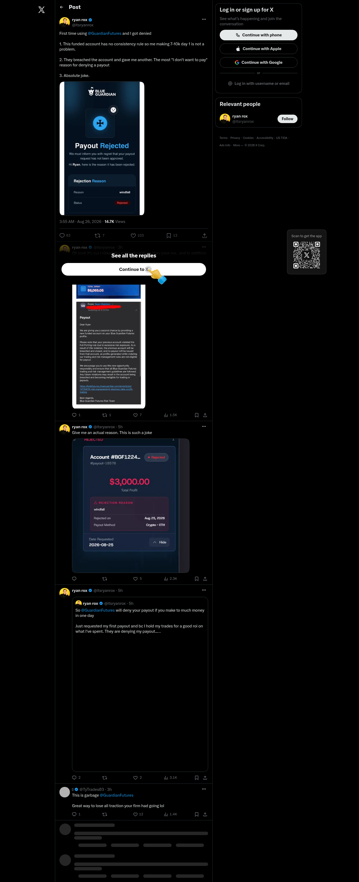 X post reporting a denied payout at Guardian Futures