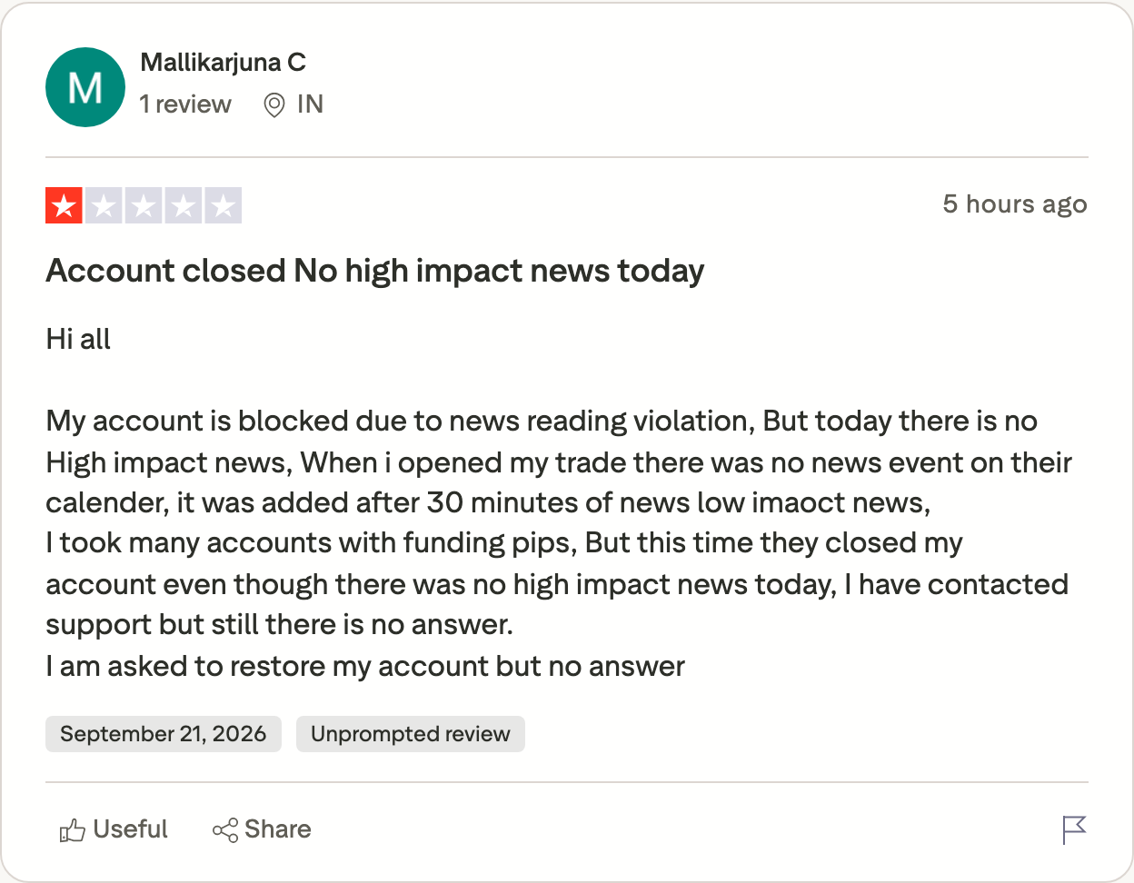 Mallikarjuna C's review: no news event on the FundingPips calendar when he opened the trade, and one added 30 minutes later, in his words. Trustpilot, 21 September 2026
