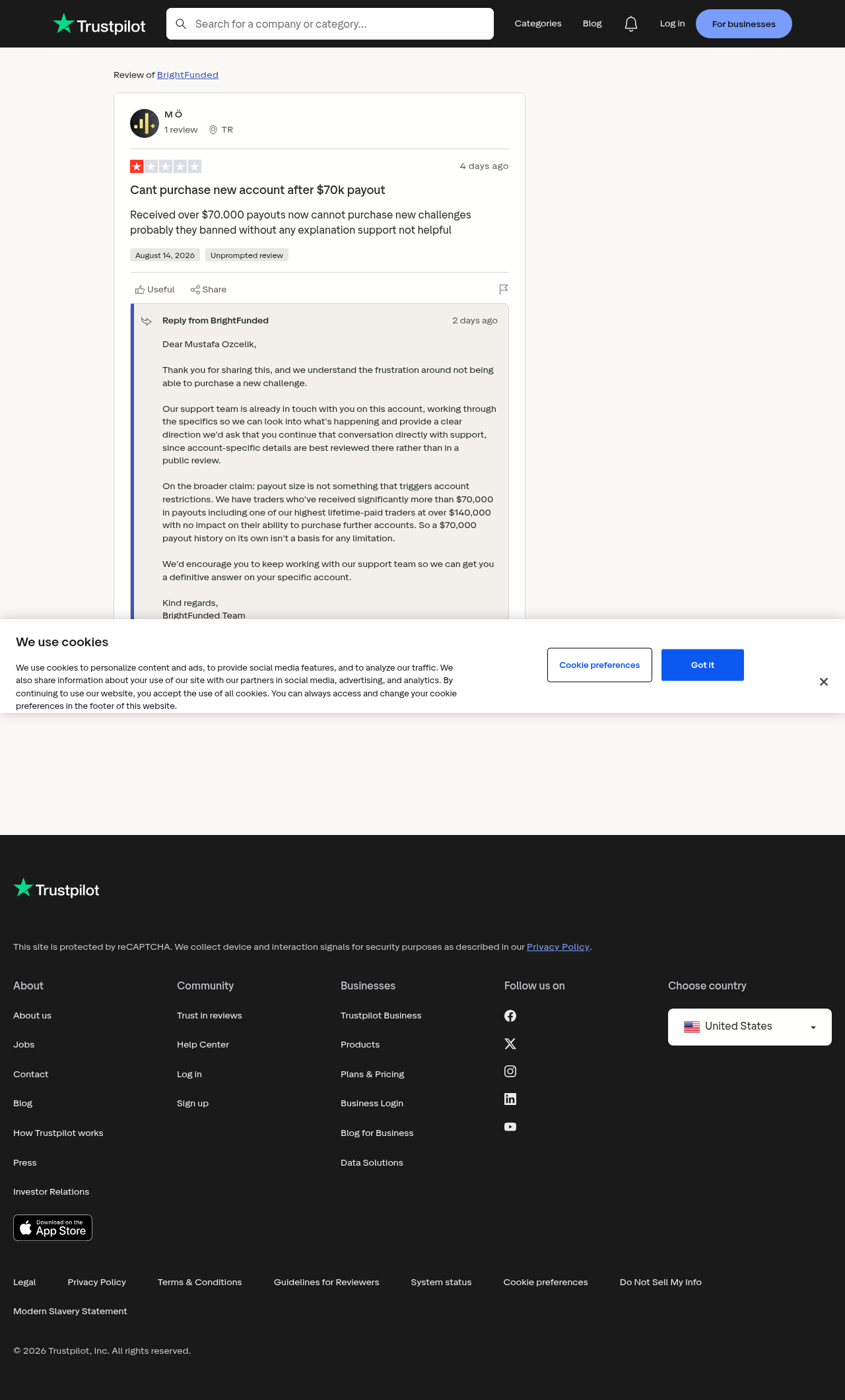 Trustpilot review saying the trader cannot purchase new challenges after more than 70,000 dollars in payouts