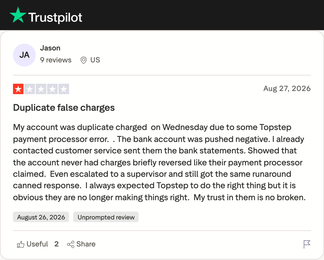 Aug 27 review: duplicate charge pushed the bank account negative, supervisor gave the same answer