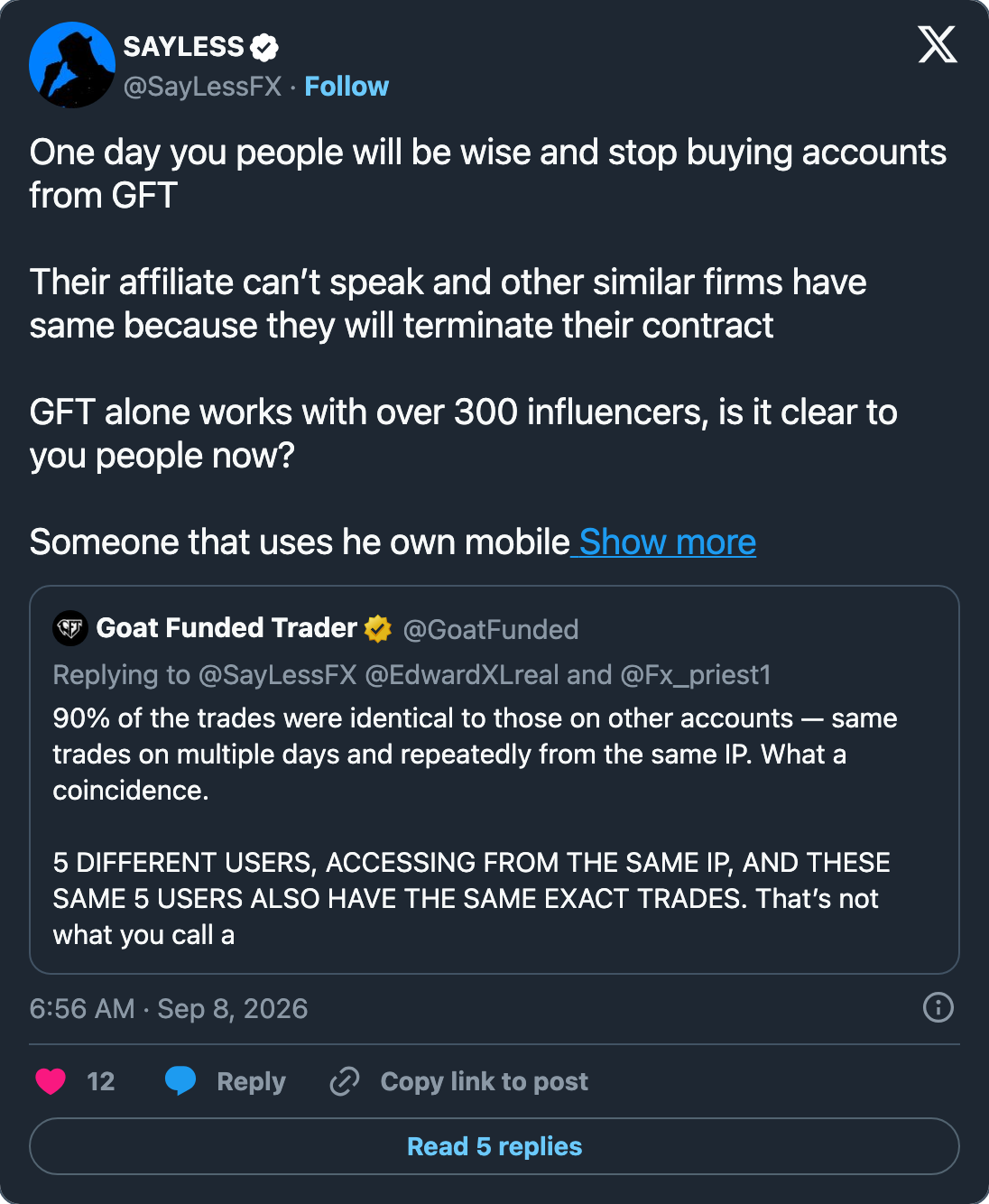 The company account's public statement, quoted in a post dated 8 September 2026